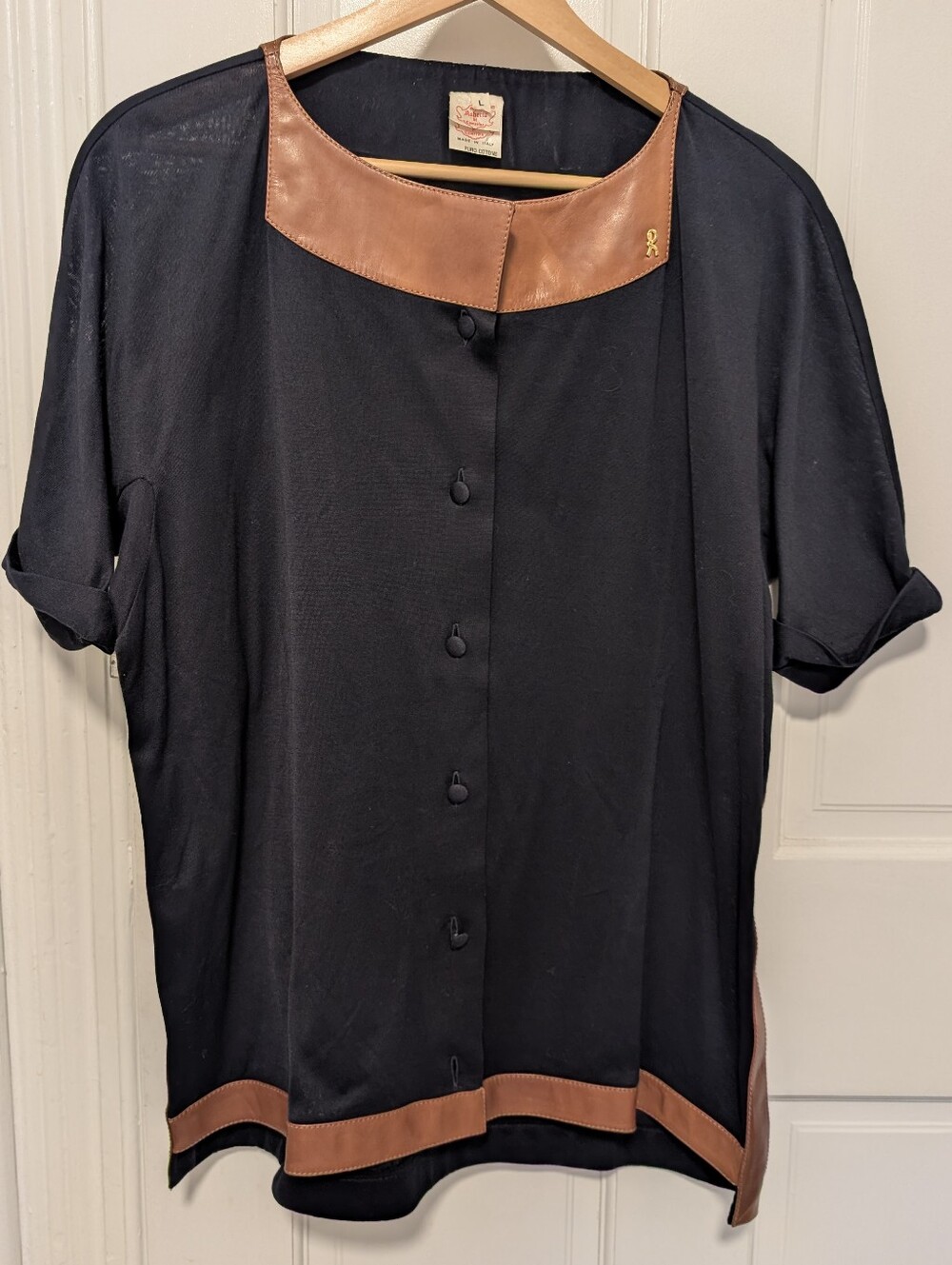 Rare Vtg Roberta di Camerino Navy Cotton Tunic Top Leather Trim Made in Italy L